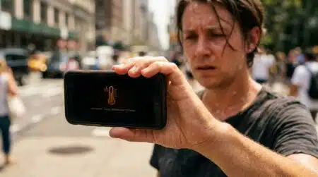 Main tenant un smartphone en plein soleil d'été