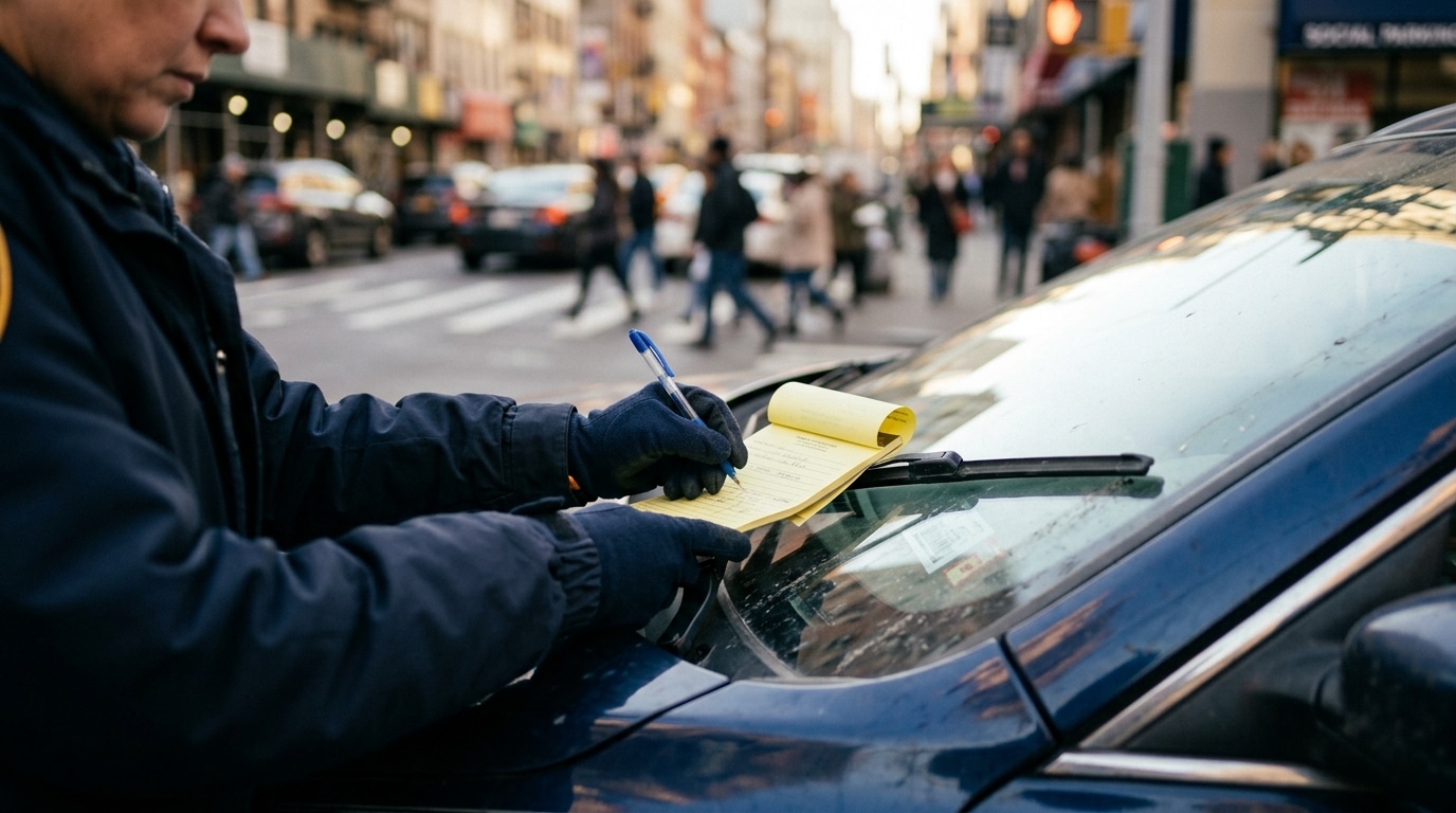 Main rédigeant un procès-verbal près d'un véhicule