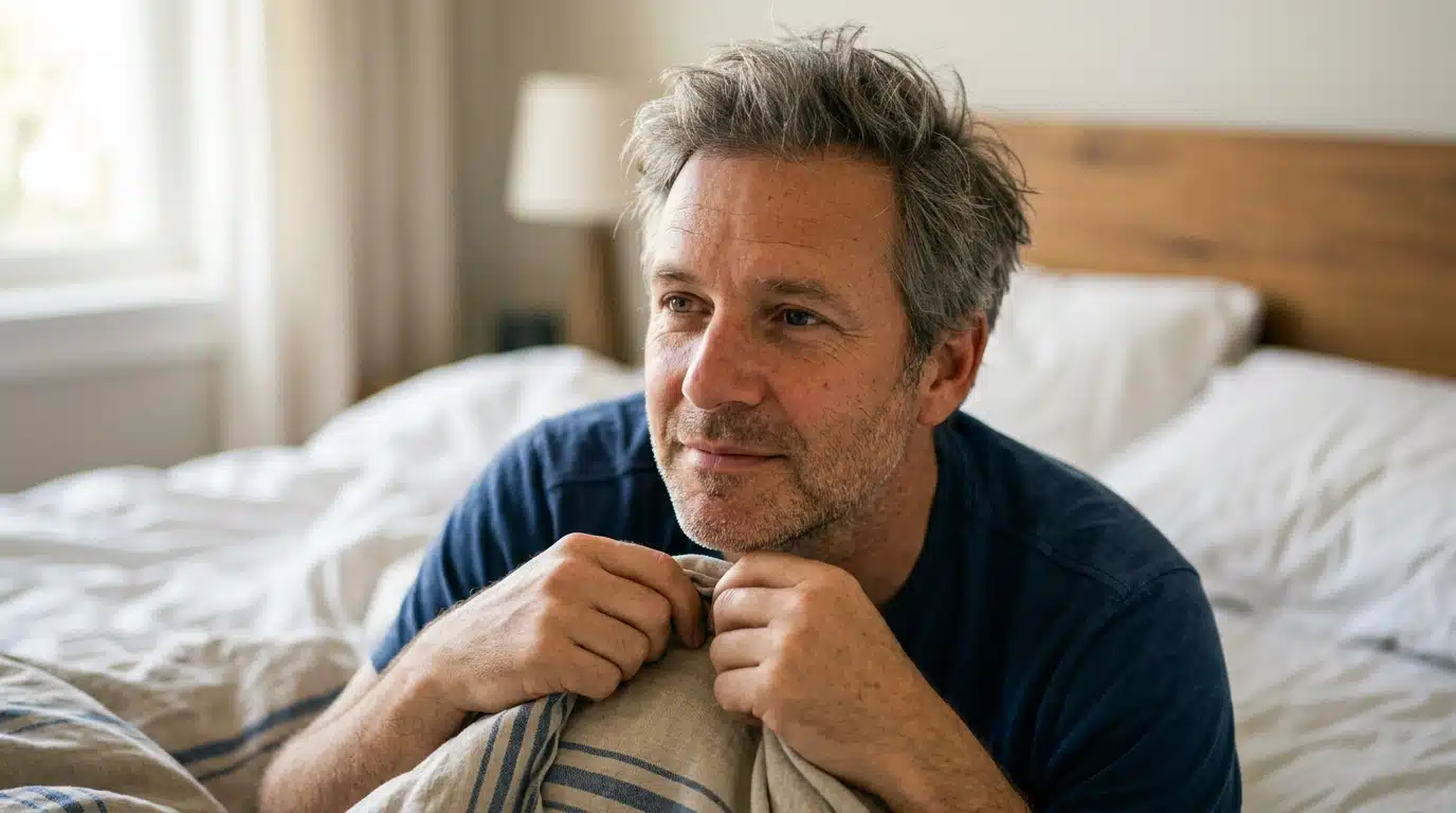 Adulte souriant au réveil dans la lumière matinale