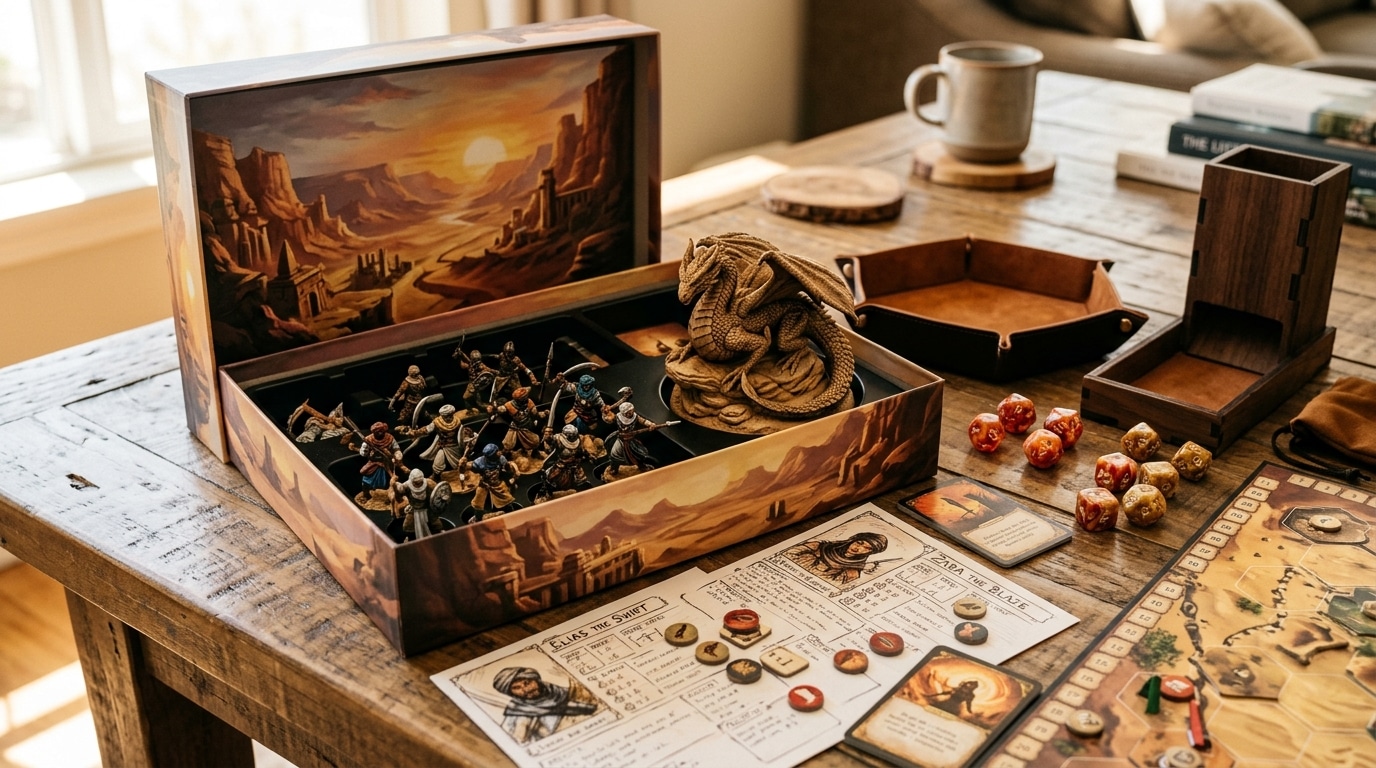 Plateau de jeu fantasy avec figurine de dragon et guerriers