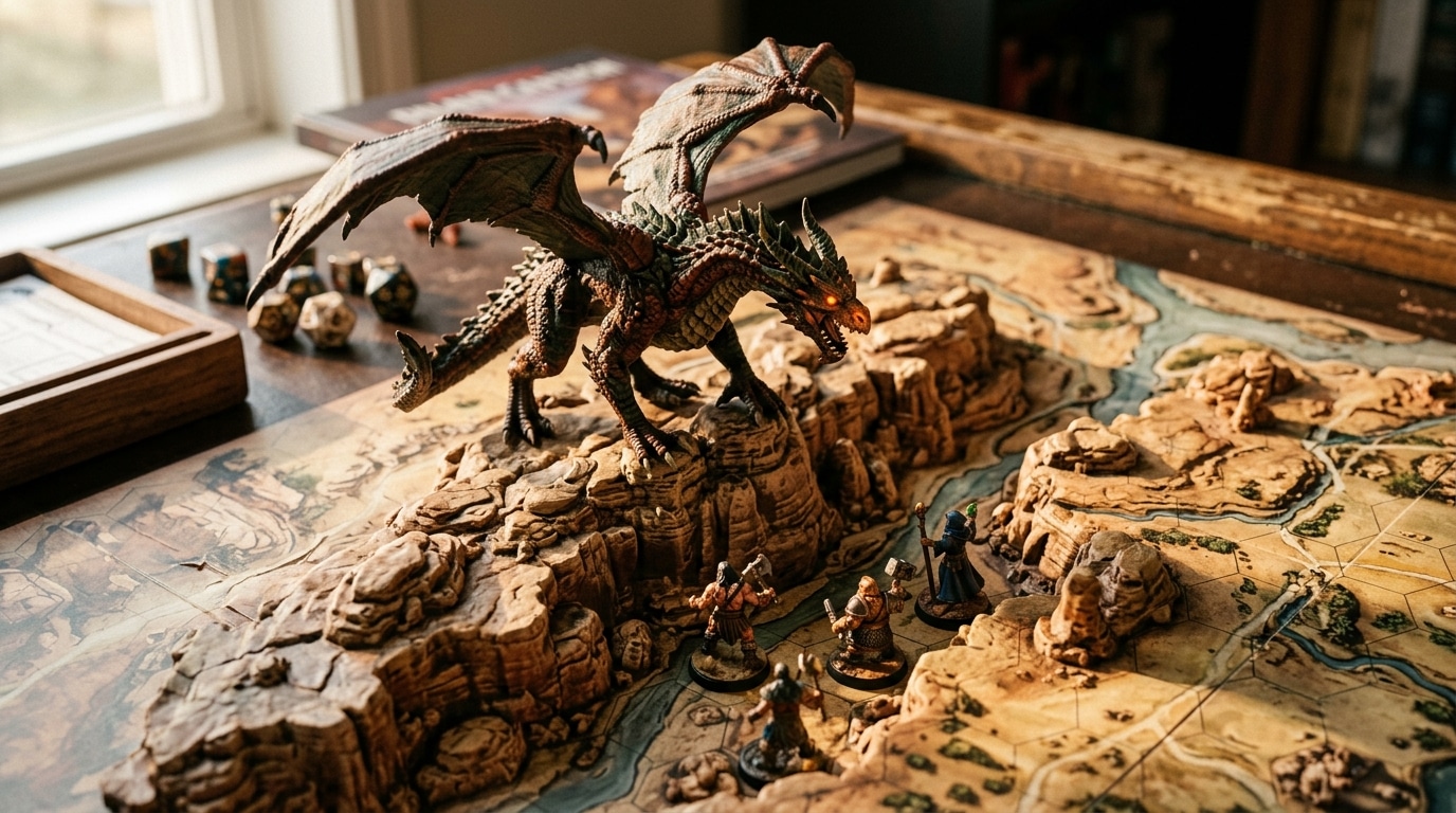 Miniature de dragon dominant une carte de jeu désertique