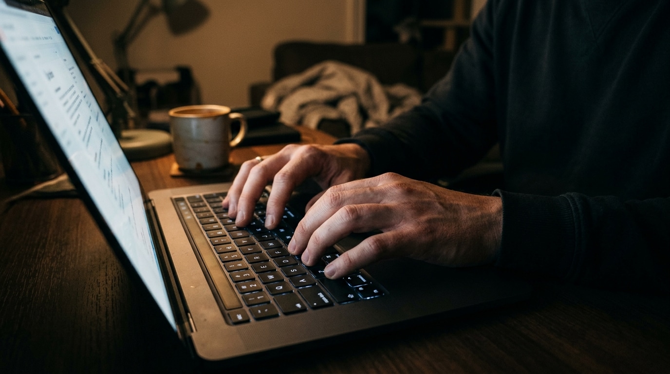 Mains tapant sur un clavier d'ordinateur la nuit