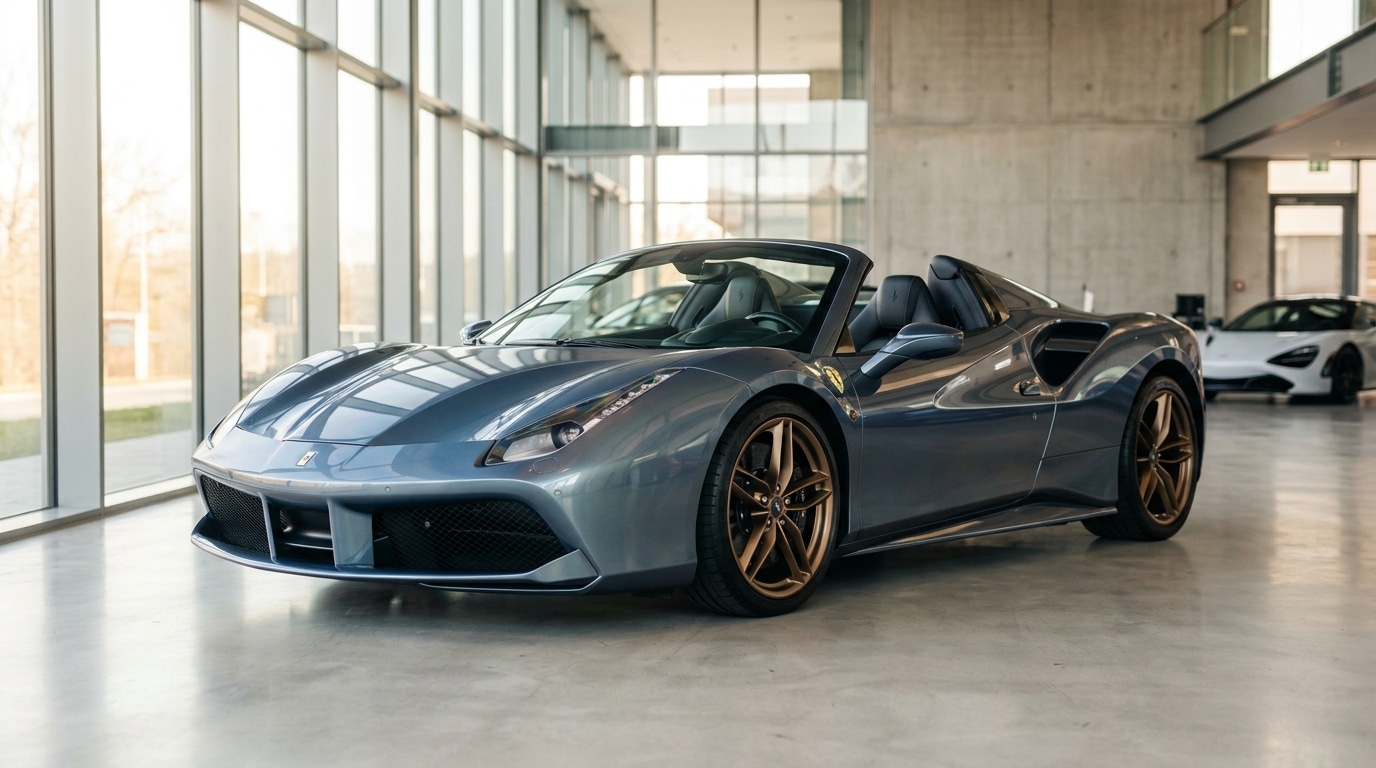 Ferrari 488 Spider grise garée dans un showroom lumineux