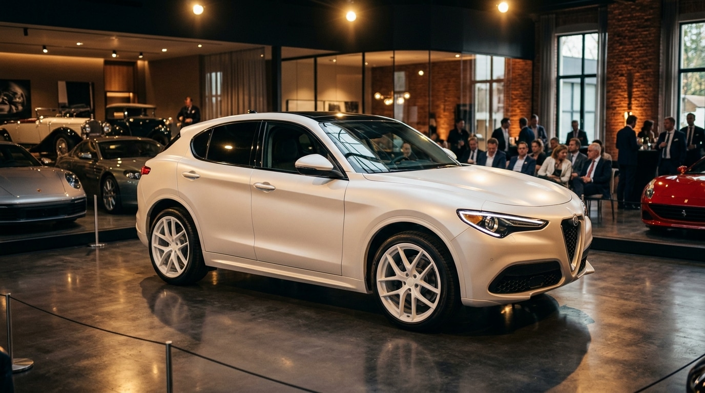 SUV électrique blanc nacré exposé en salle d'enchères