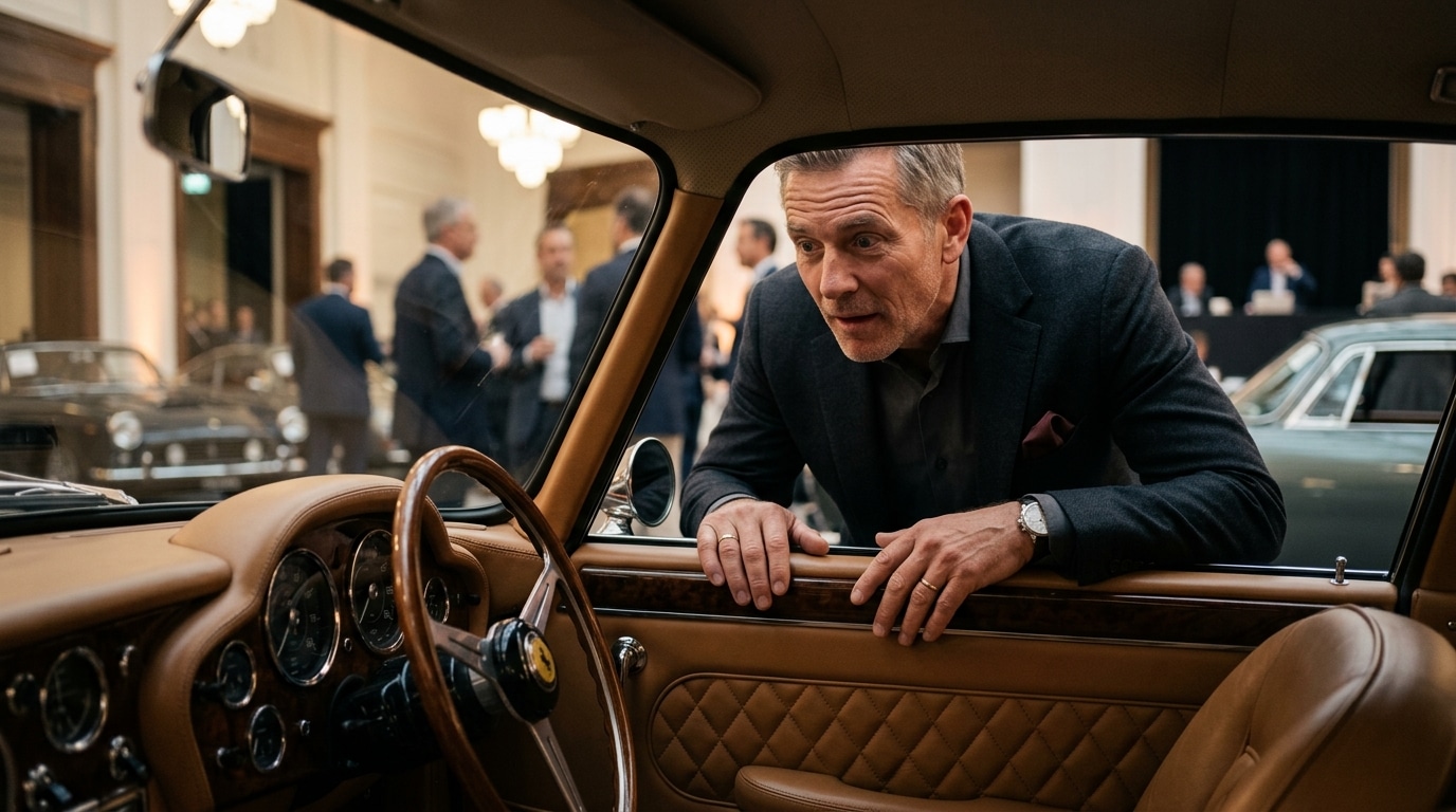 Collectionneur admirant l'intérieur d'une voiture de luxe