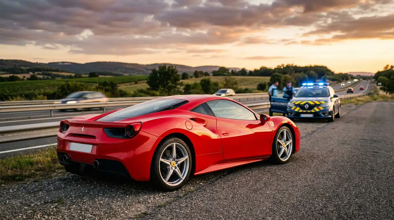Ferrari rouge garée sur le bas-côté de l'autoroute