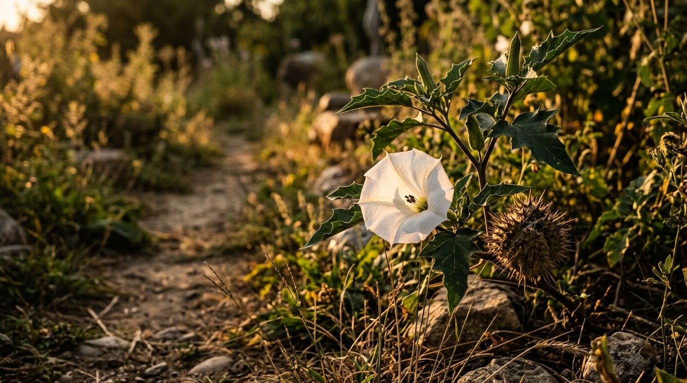 Fleurs blanches de datura stramoine dans un jardin