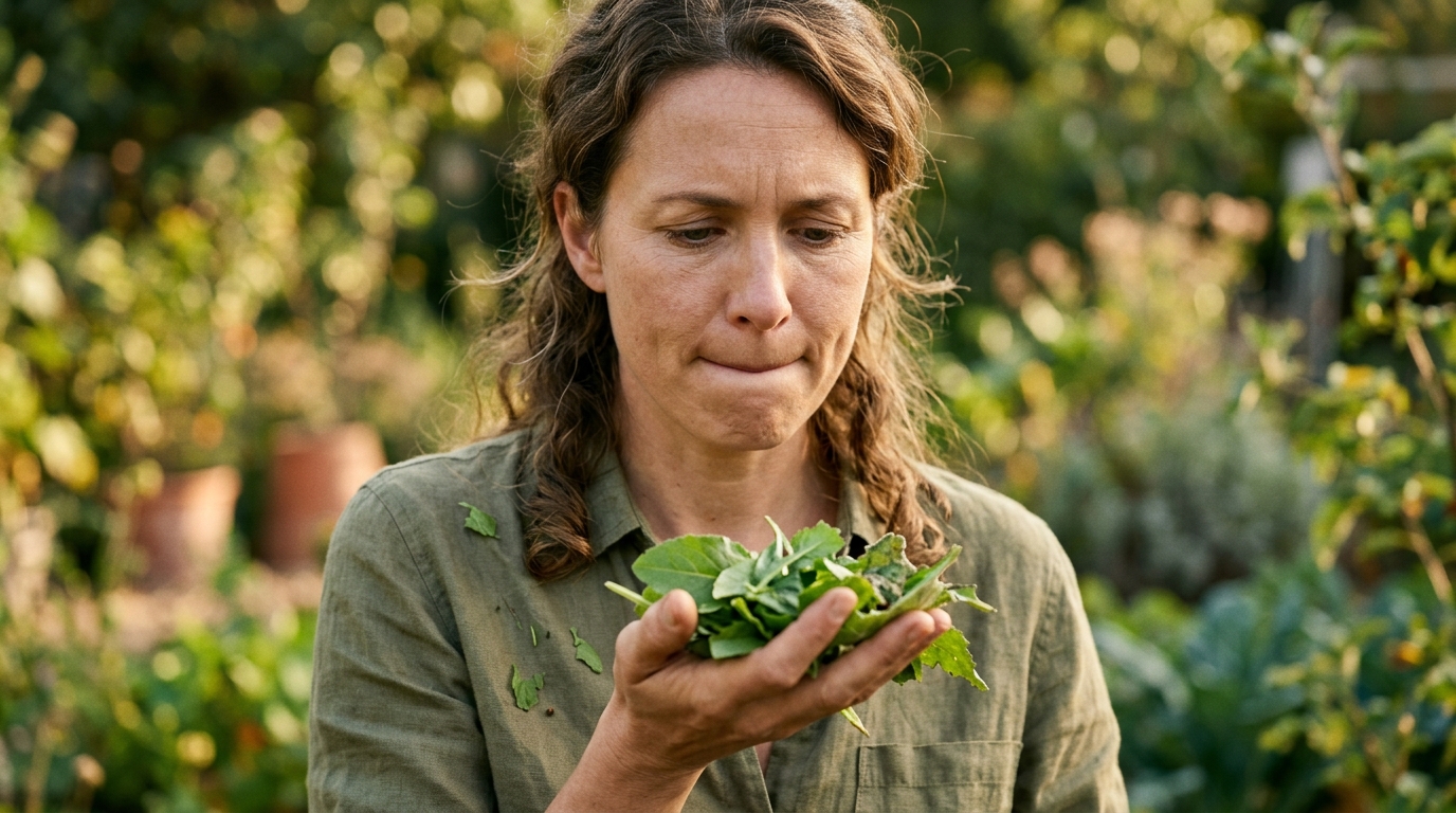 Femme inquiète tenant des feuilles cueillies au jardin