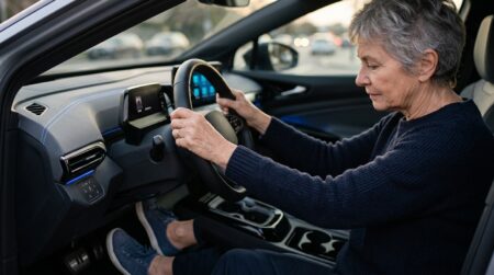 Conducteur hésitant entre accélérateur et frein en voiture électrique
