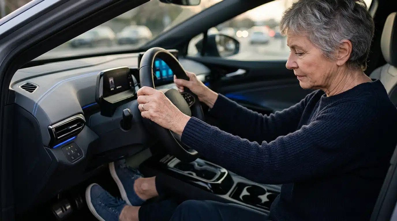 Conducteur hésitant entre accélérateur et frein en voiture électrique