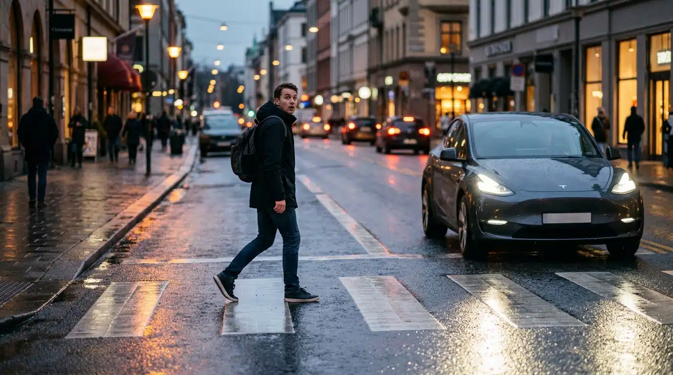 Piéton surpris par une voiture électrique silencieuse au crépuscule