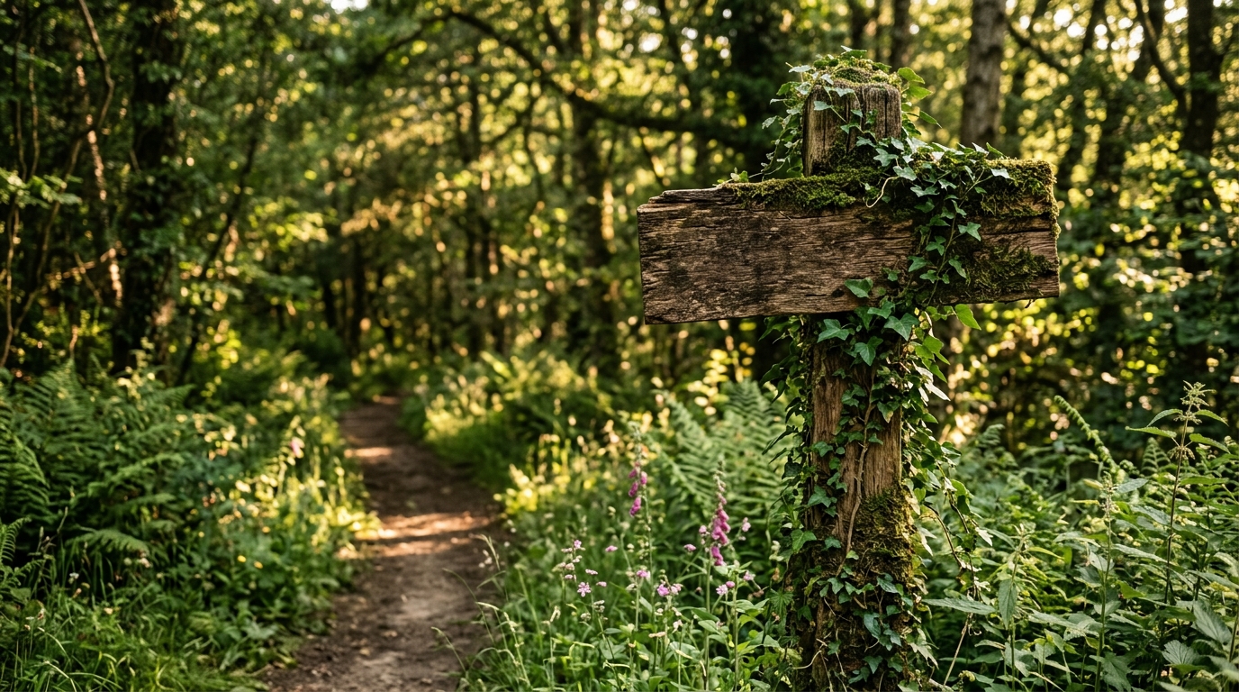 Sentier forestier envahi par la végétation et la mousse