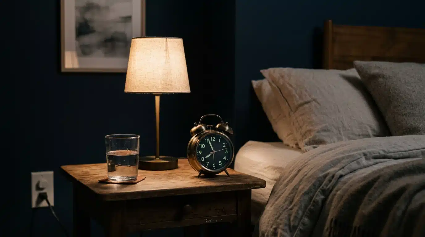 Table de nuit avec réveil et lampe chaude le soir