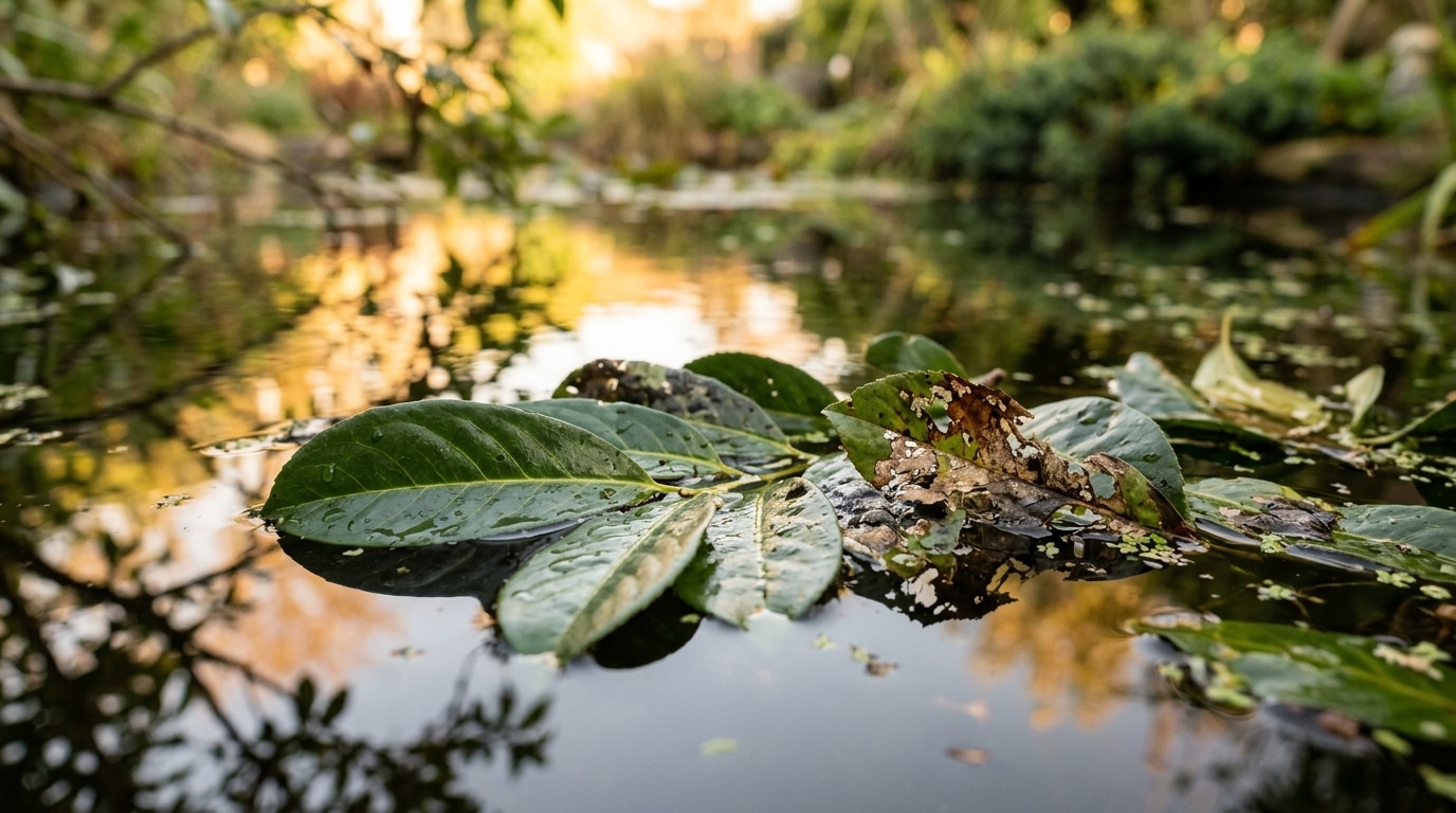 Feuilles de laurier-cerise flottant dans un bassin de jardin