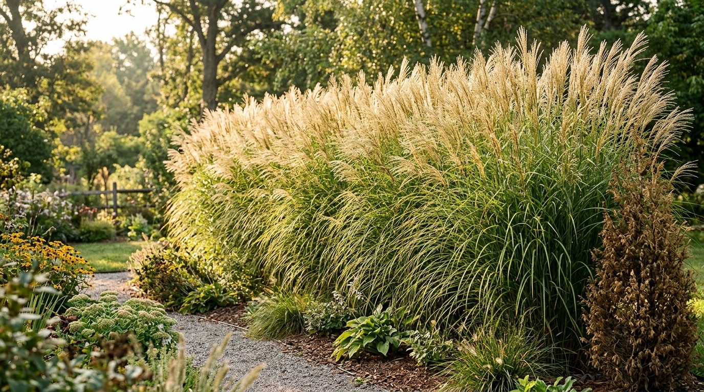 Haie de miscanthus doré ondulant dans un jardin