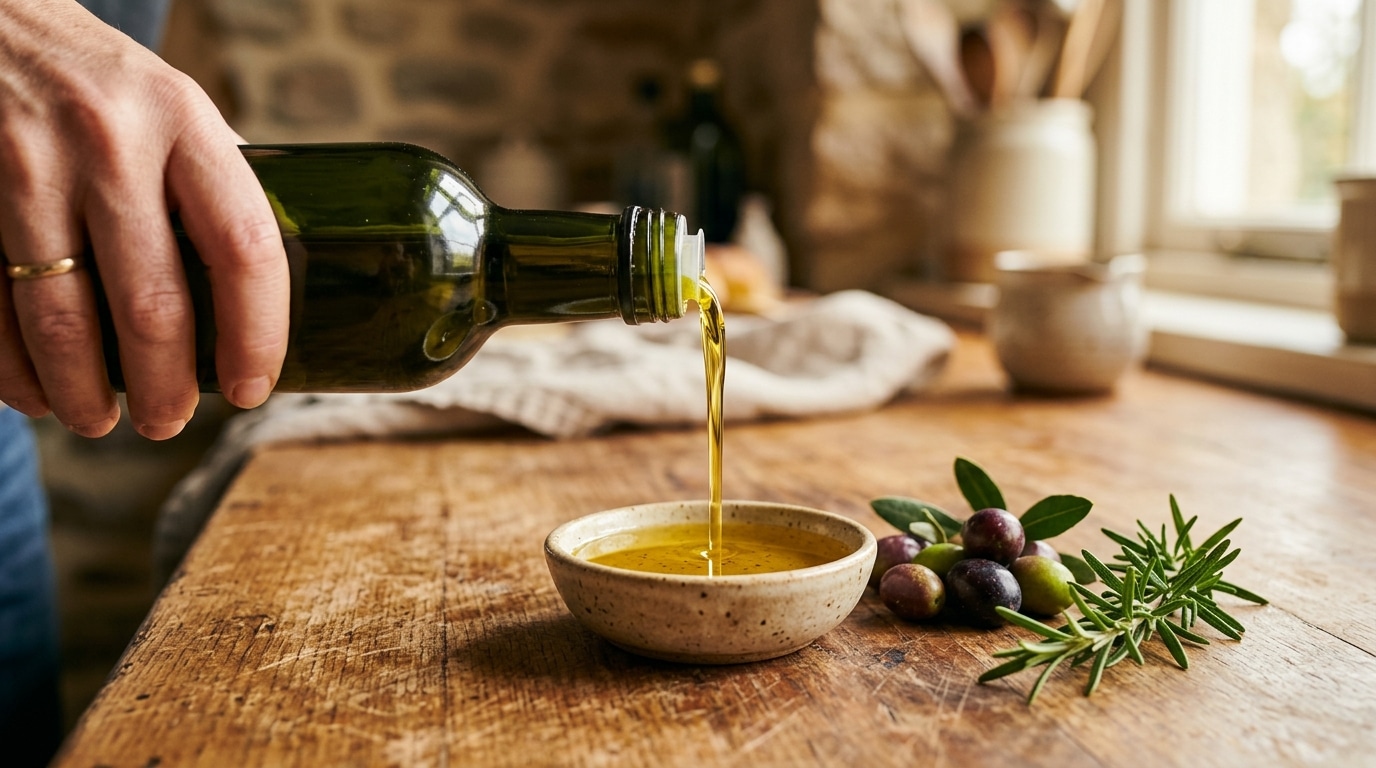 Huile d'olive versée dans un bol en céramique
