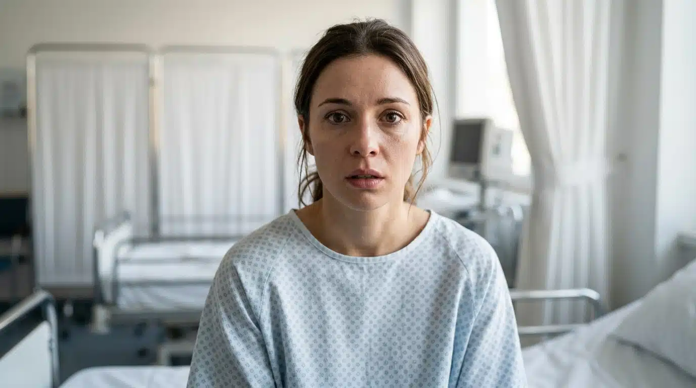 Jeune femme stupéfaite assise sur un lit d'hôpital