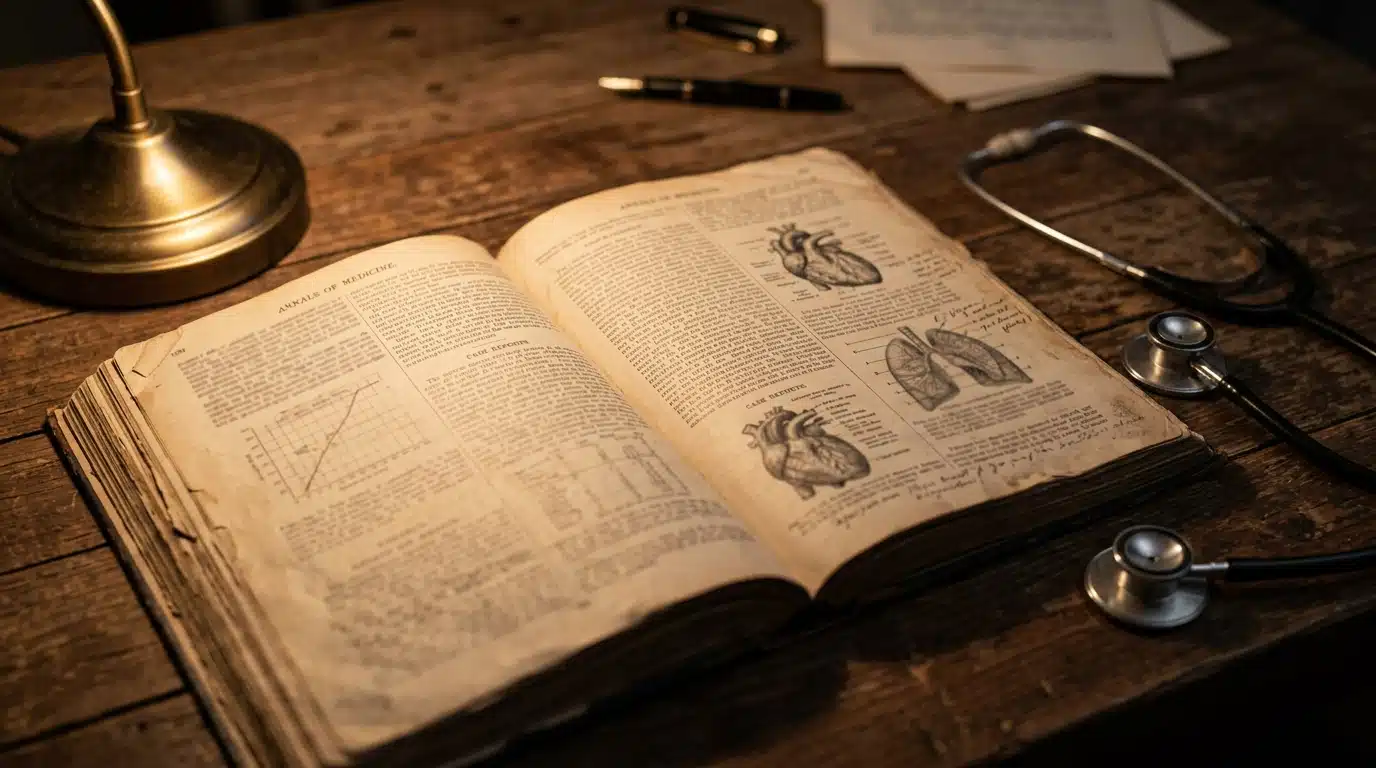 Revue médicale ancienne ouverte sur un bureau en bois