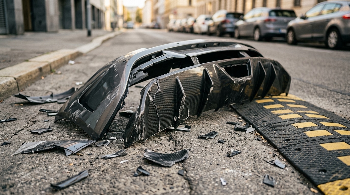 Fragments de carrosserie sportive sur bitume urbain