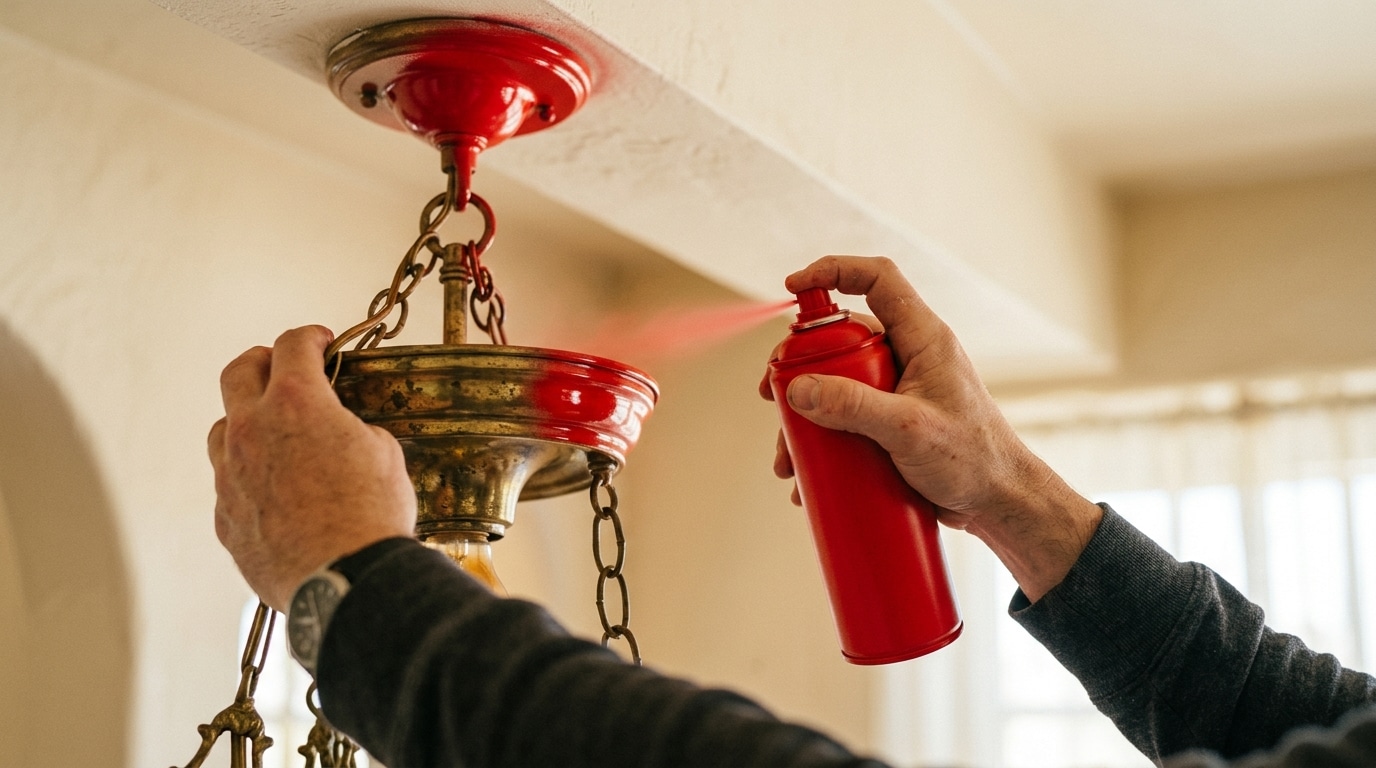 Mains peignant un luminaire en rouge à la bombe