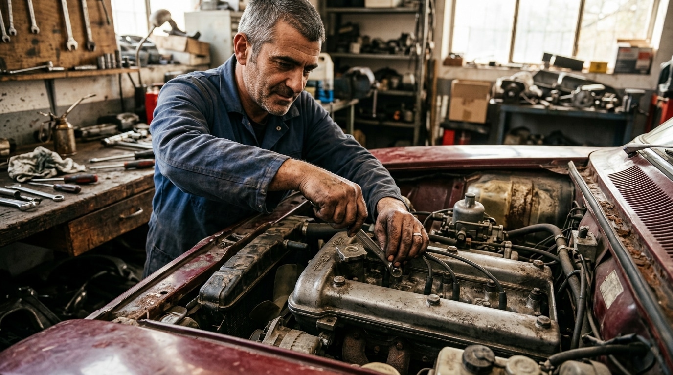 Mécanicien réparant le moteur diesel d'une vieille berline