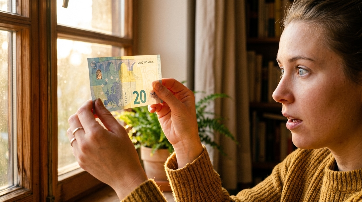 Femme examinant un billet d'euro à la lumière