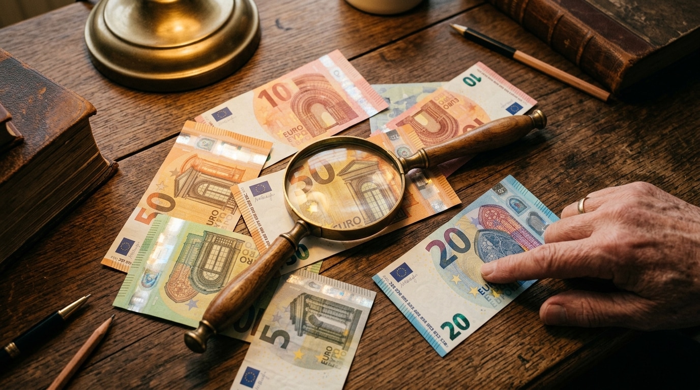 Billets d'euros étalés avec une loupe pour examen