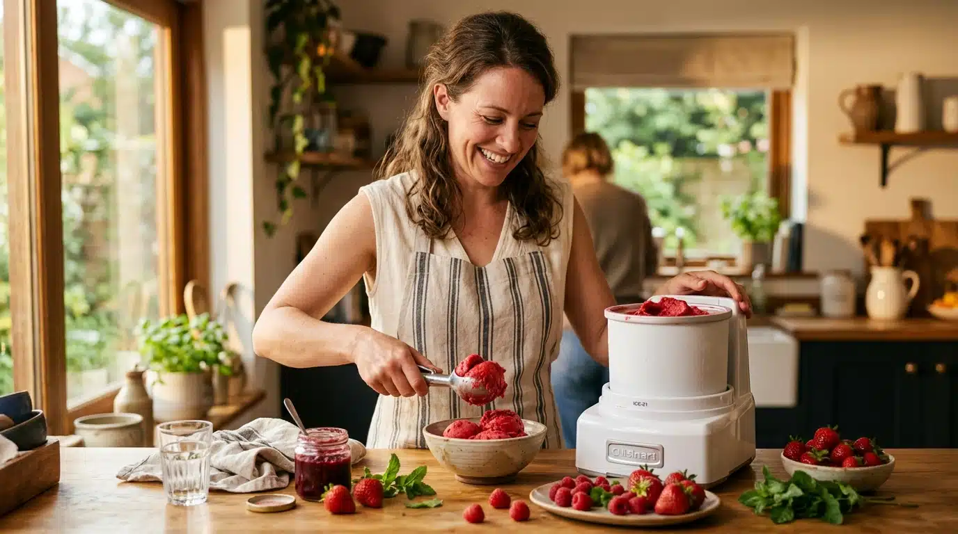 Femme préparant un sorbet aux fruits rouges maison