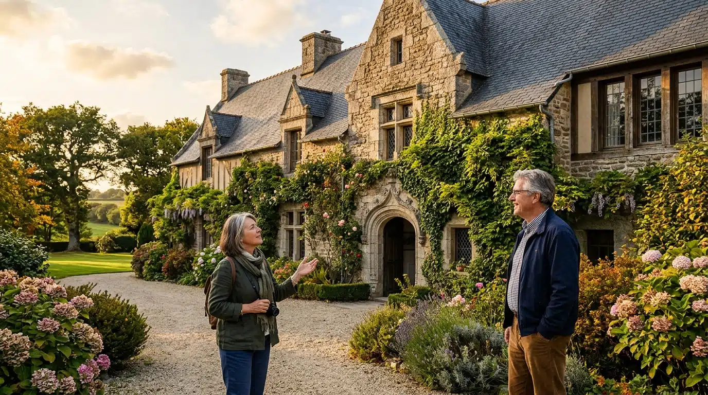 Maison de maître bretonne en pierre au soleil couchant
