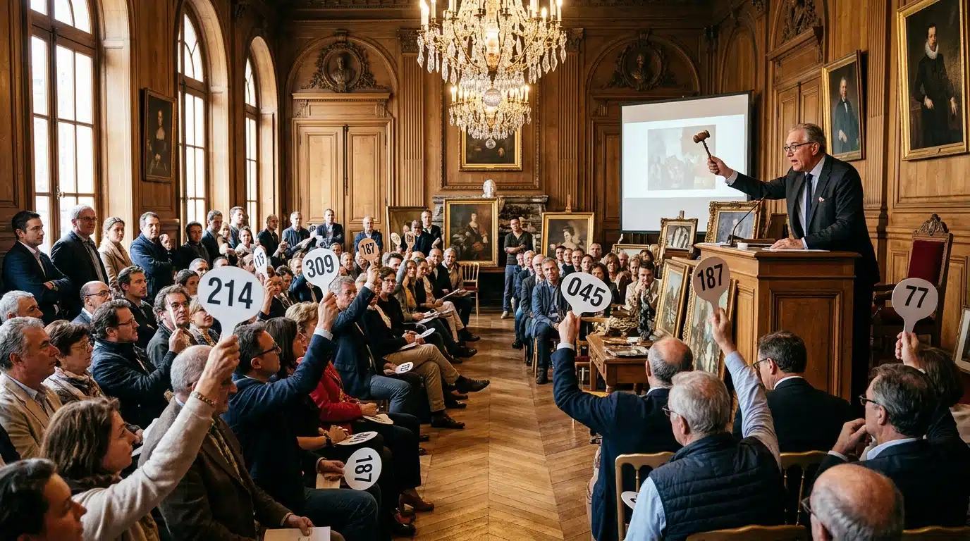 Salle des ventes aux enchères avec enchérisseurs et marteau