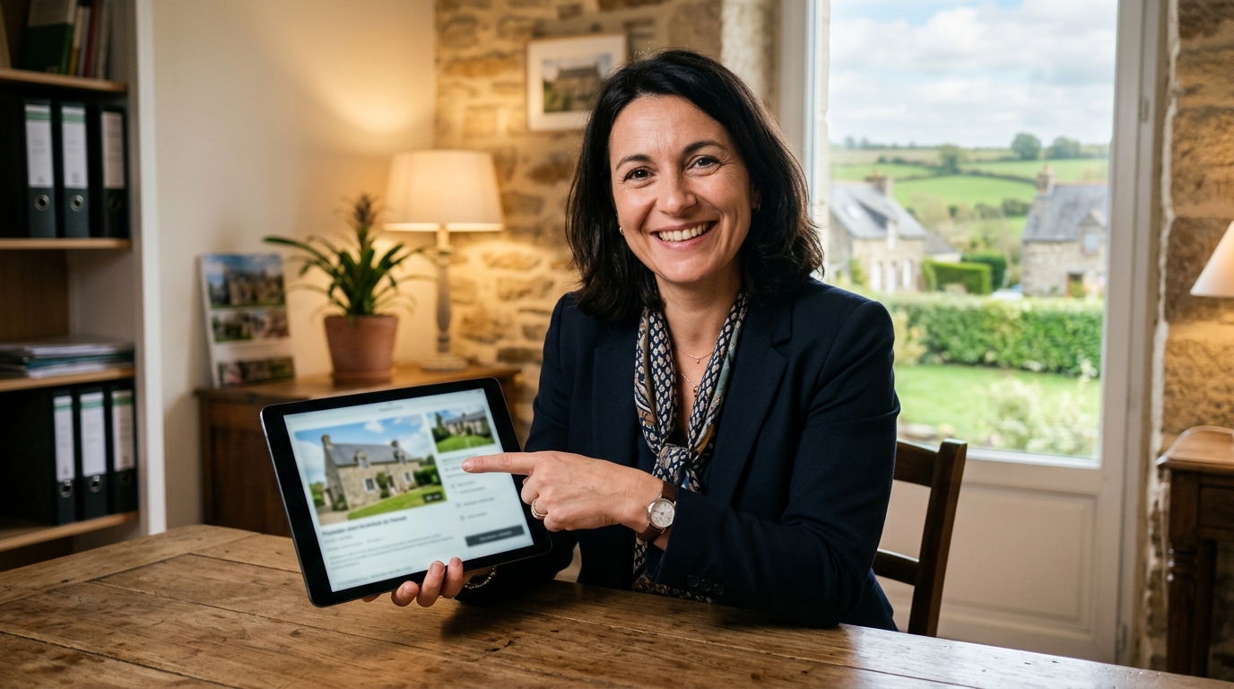 Agent immobilier présentant une annonce sur tablette