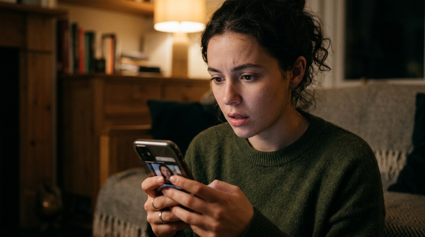Jeune femme fixant son smartphone avec surprise