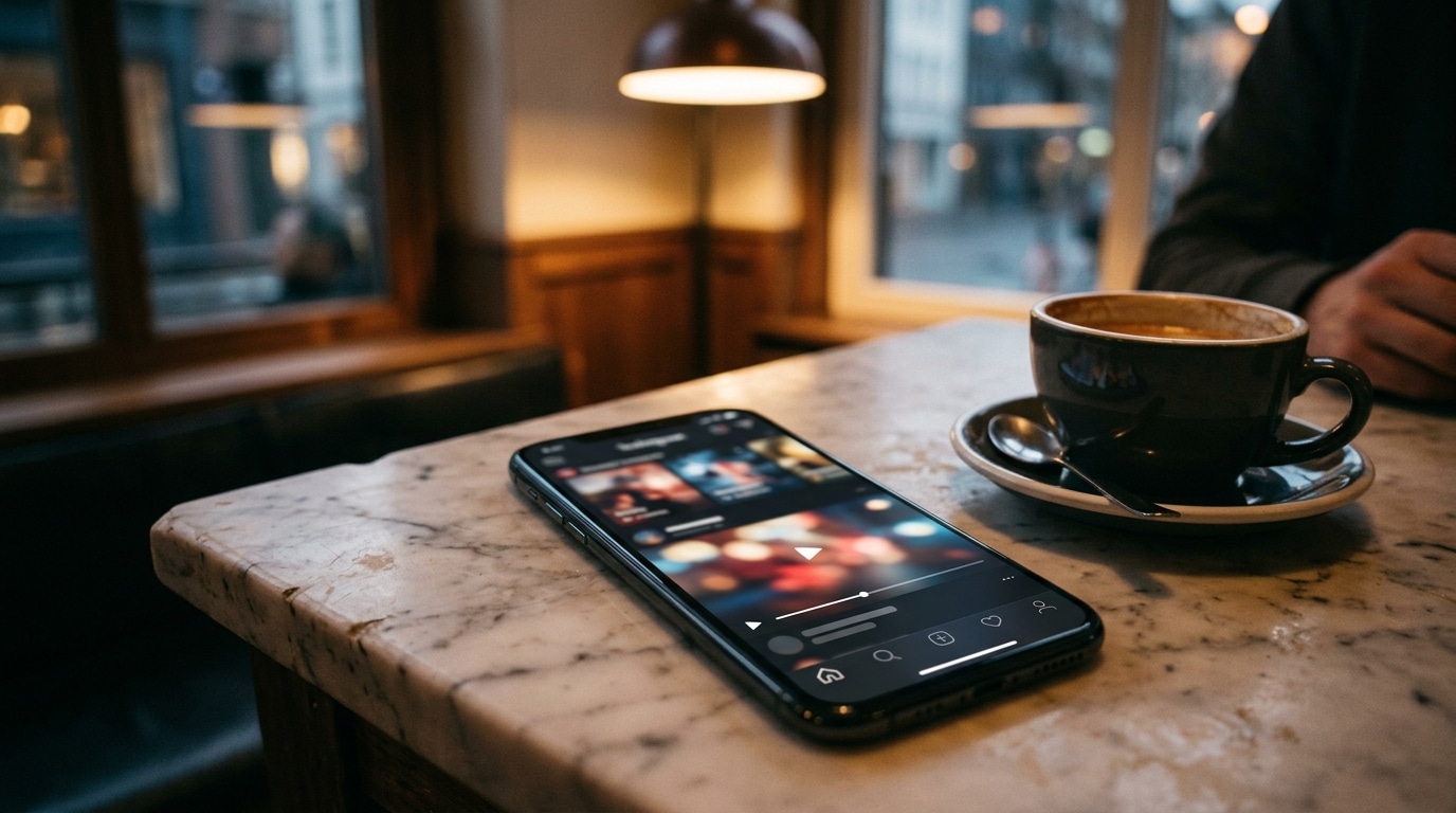 Smartphone affichant un feed de réseau social flou