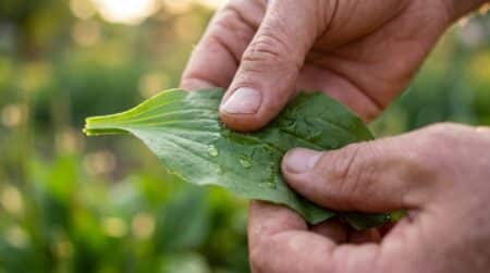 Feuille de plantain froissée entre les doigts au jardin