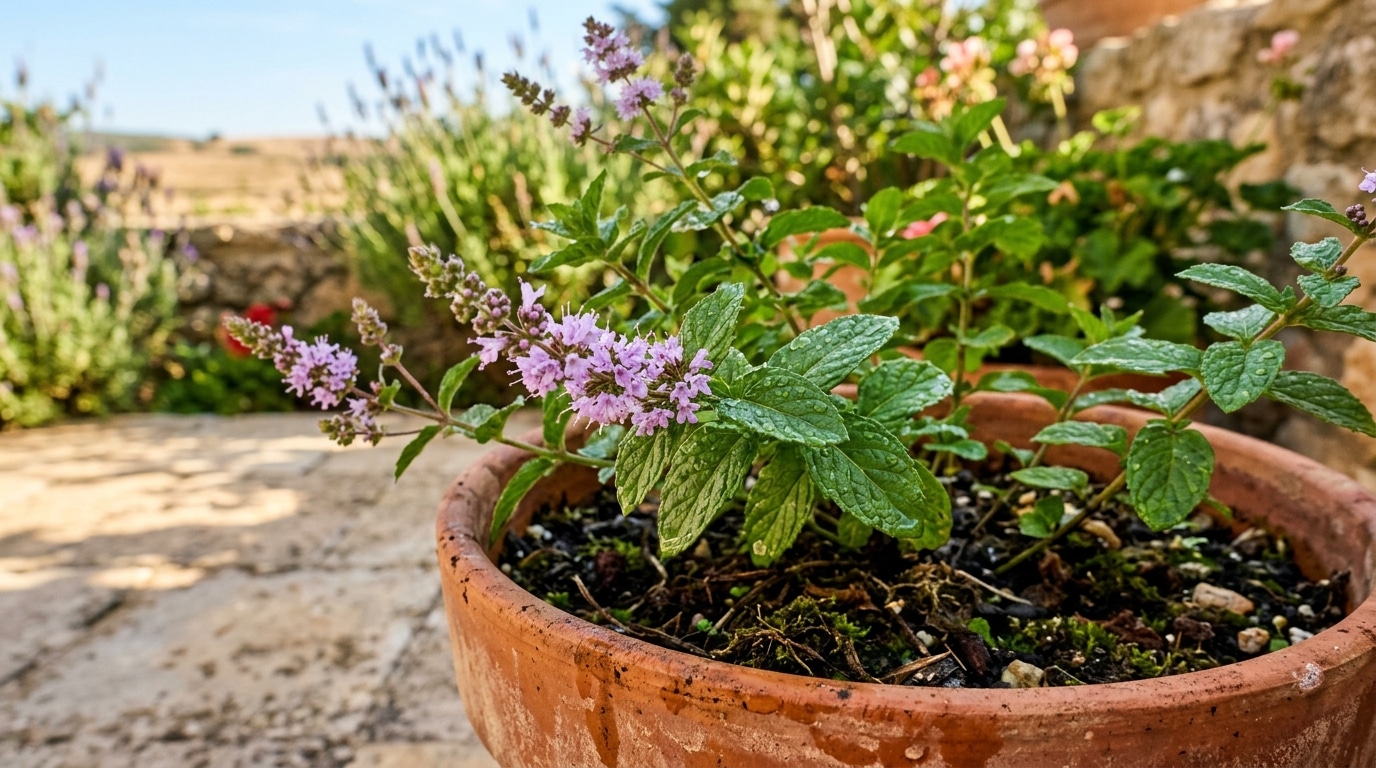 Menthe pouliot en pot sur une terrasse ensoleillée
