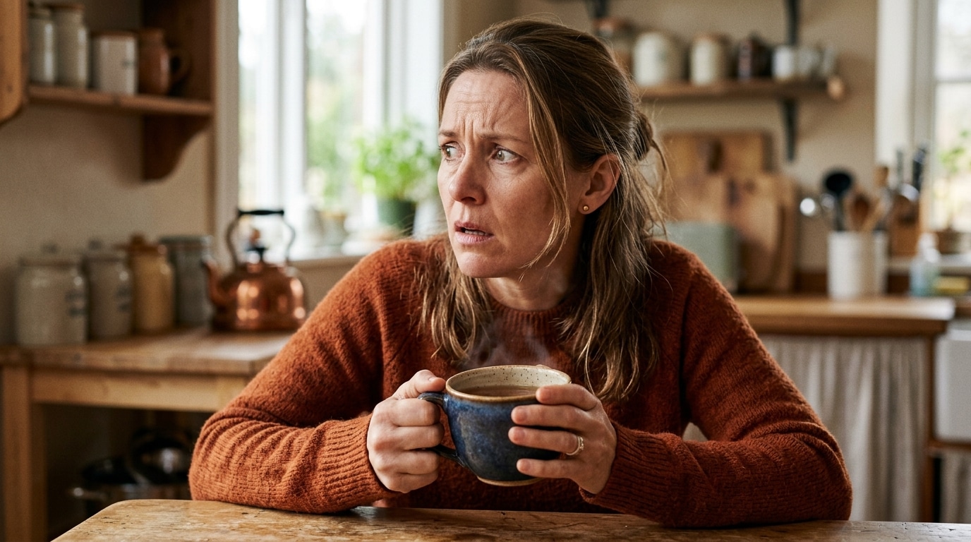 Personne inquiète tenant une tasse de tisane fumante