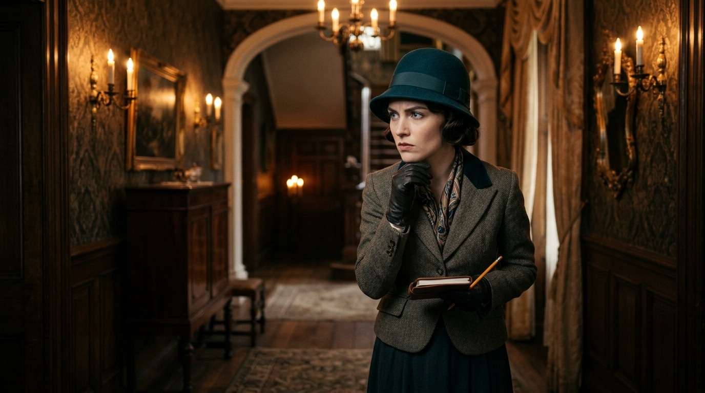 Jeune femme intriguée dans un manoir anglais années 1920