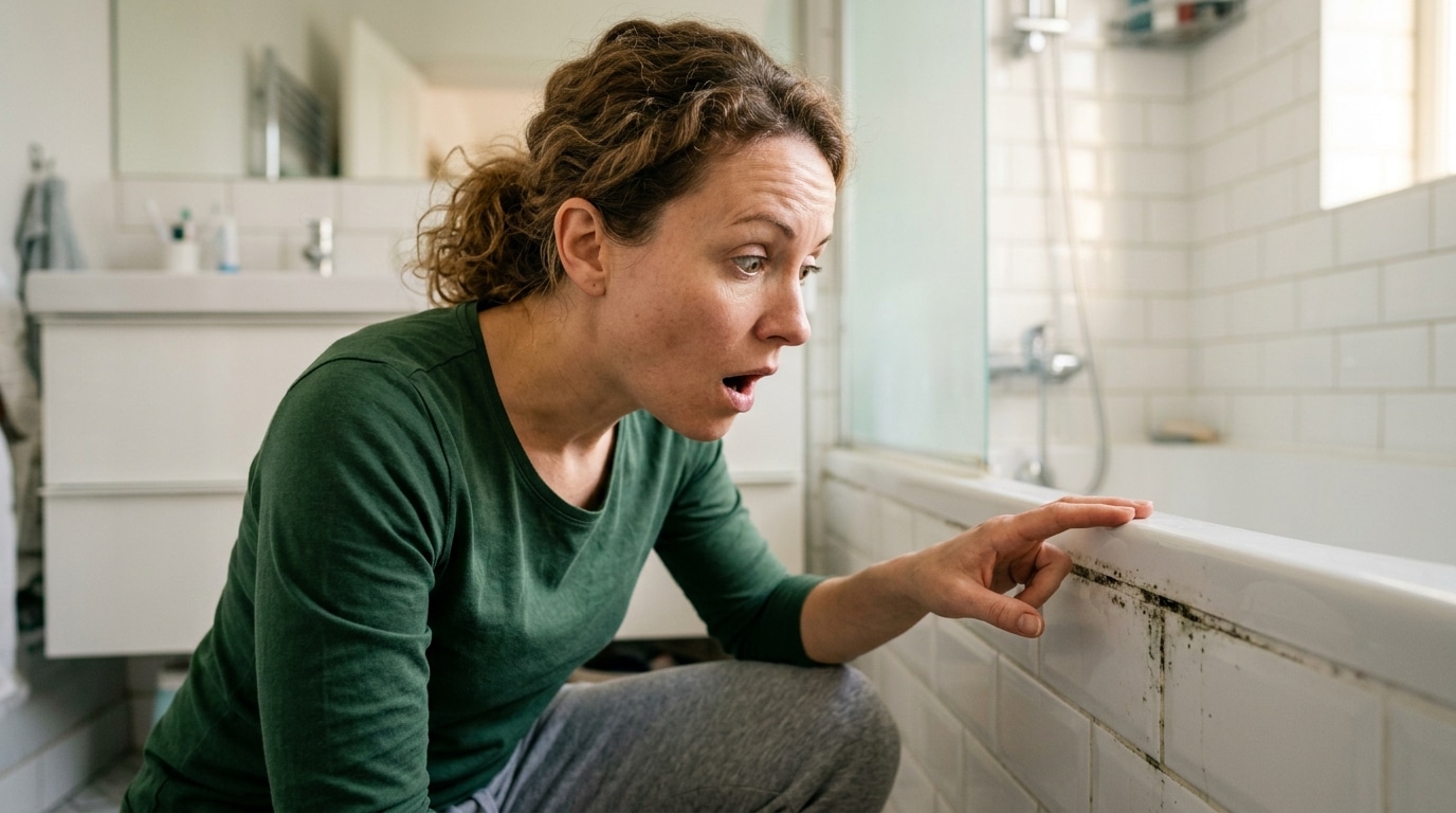 Personne surprise en examinant les joints de sa douche