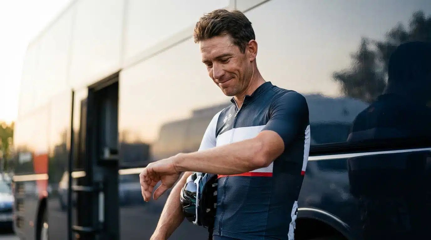 Cycliste professionnel regardant son poignet nu avec amusement