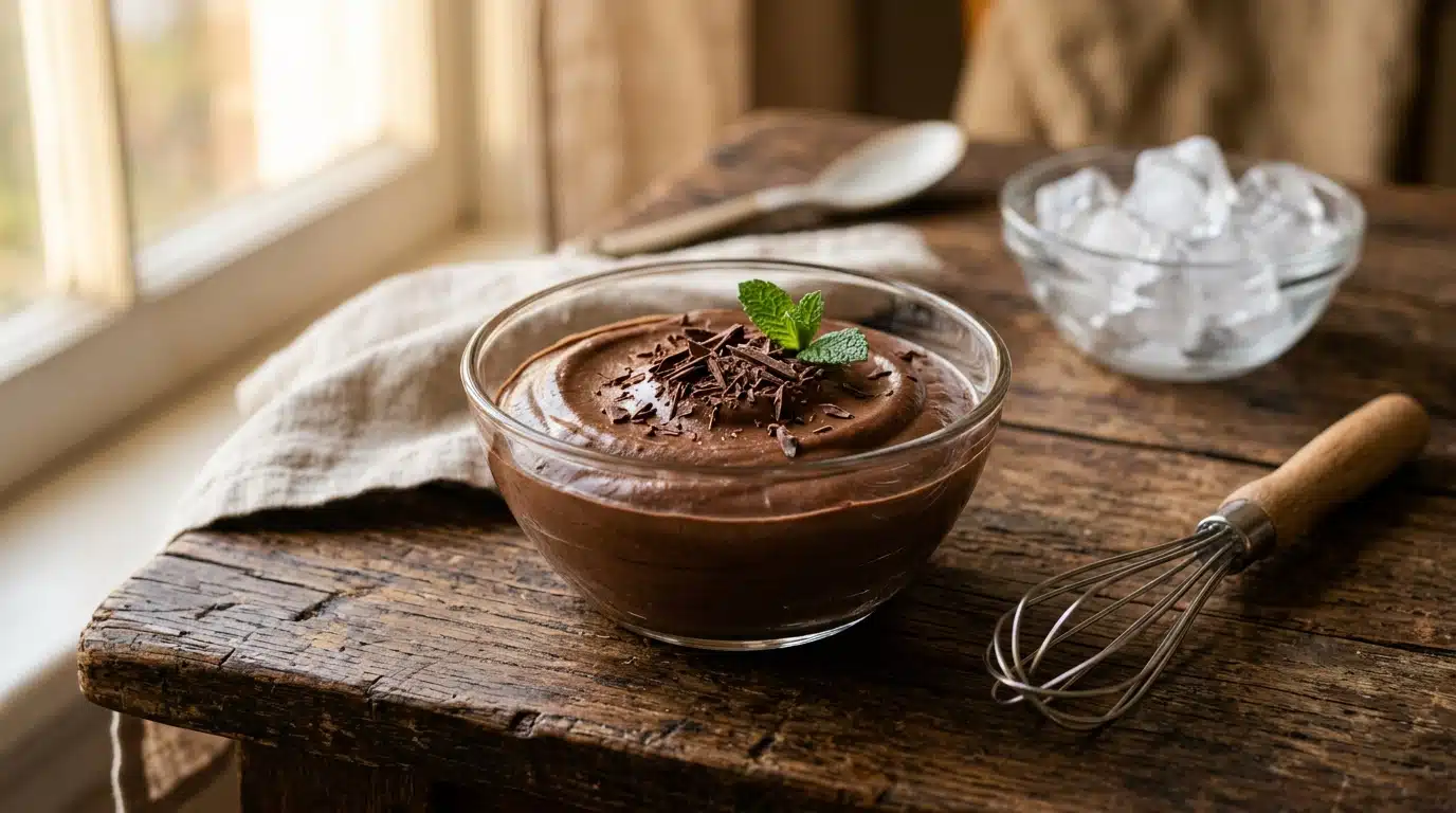 Mousse au chocolat noir dans un bol en verre avec fouet et glaçons