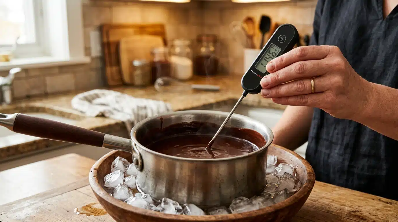 Thermomètre de cuisine plongé dans une sauce chocolat sur lit de glace
