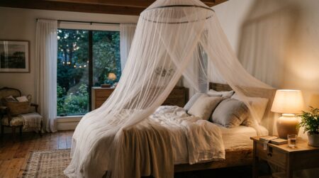 Moustiquaire blanche suspendue au-dessus d'un lit double