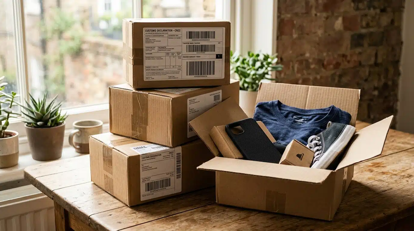 Colis cartons empilés avec étiquettes douanières sur table