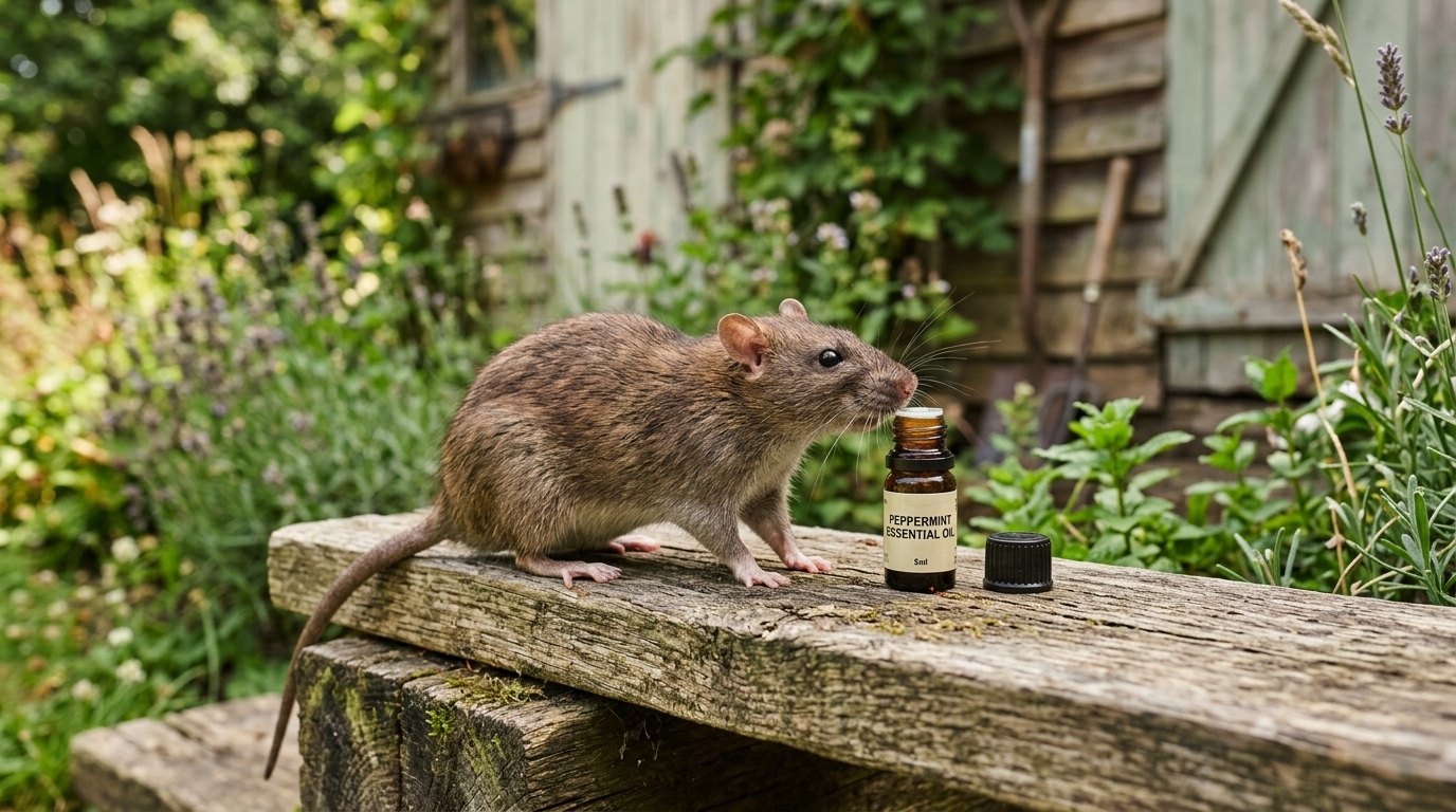 Rat près d'une bouteille d'huile de menthe poivrée