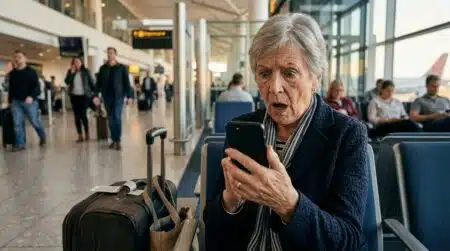 Femme senior choquée devant son téléphone en aéroport