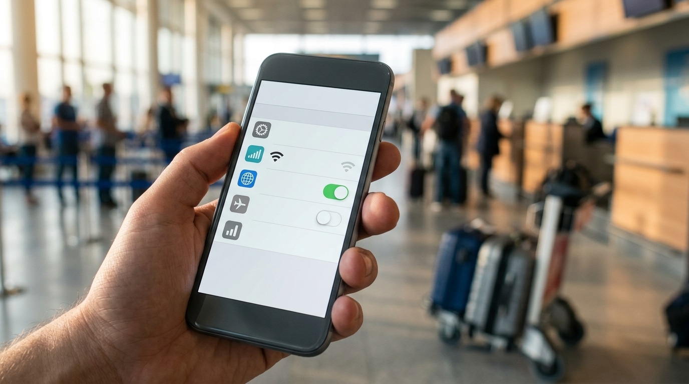 Main tenant un smartphone avec réglages réseau visibles