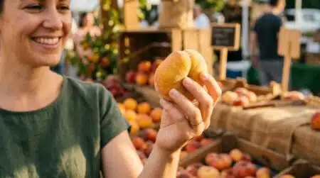 Femme tenant une pêche plate mûre au marché