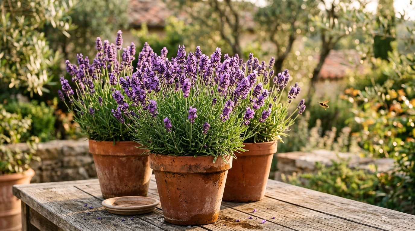 Pots de lavande violette sur une table de terrasse ensoleillée