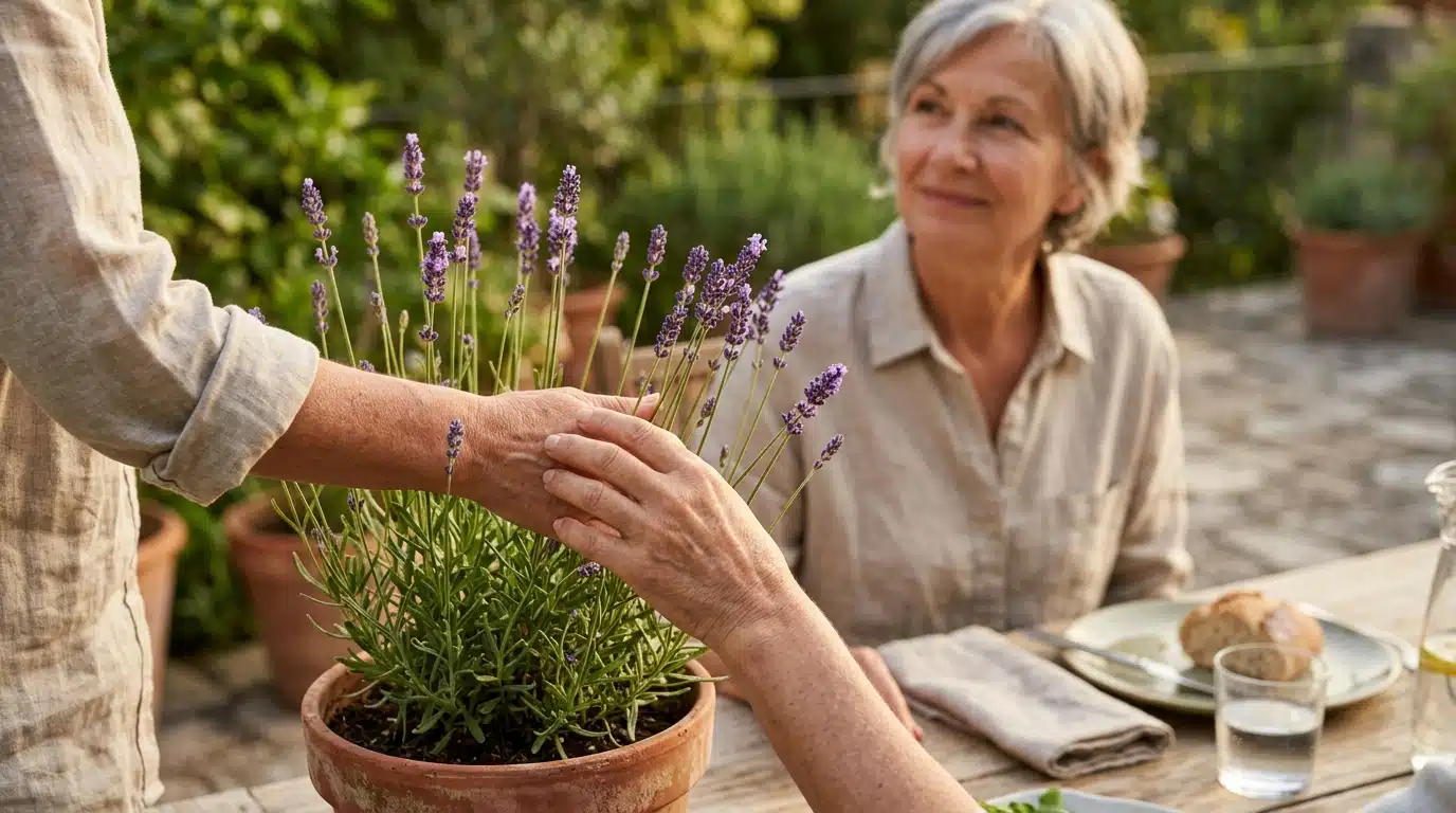 Personne souriante détendue près de plants de lavande au jardin