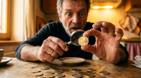 Main examinant une pièce de 2 euros à la loupe